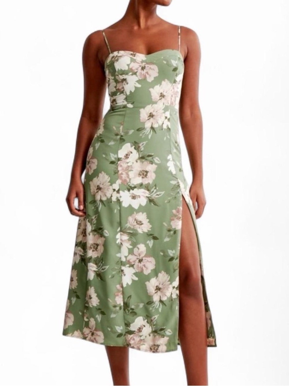 Abercrombie Camille Midi Green Floral Spaghetti-Strap Midi Dress